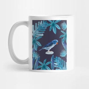 Blue Pacific Parrotlet with tropical leaves and an indigo background Mug